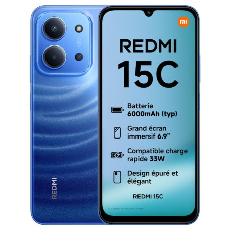 XIAOMI Redmi 15C - Smartphone 4Go RAM, 128Go, Écran 6,9" 120Hz, Batterie 6000 mAh, Bleu