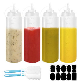 Set de 4 Bouteilles à Sauce en Plastique 680ml avec Brosses et Autocollants