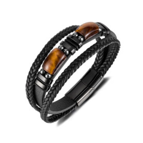 Bracelet Tressé en Cuir pour Homme avec Pierre Œil de Tigre
