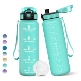 Gourde Sport 1000ML Anti-Fuite avec Horodatage - Bleu et Vert