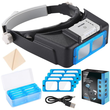 Loupe Bandeau Rechargeable avec Lumière LED et 4 Lentilles Interchangeables