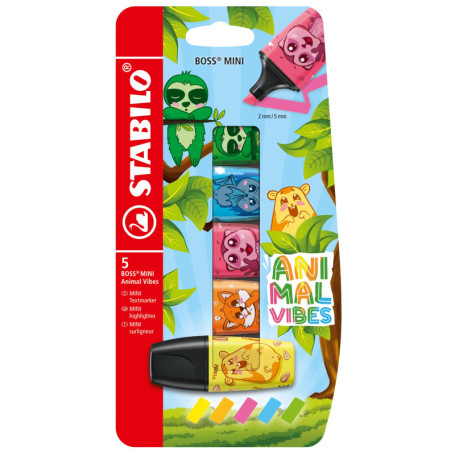 STABILO BOSS MINI Animal Vibes - Set de 5 Mini Surligneurs Décorés