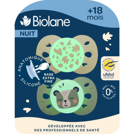 Sucettes de Nuit Phosphorescentes Biolane - Lot de 2 Tétines Anatomiques 18 Mois et Plus
