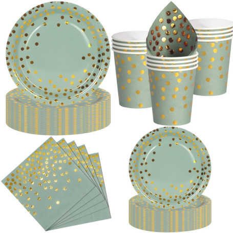 Nkaiso Set de Vaisselle Jetable Élégant 50 Pièces Vert Sauge et Or