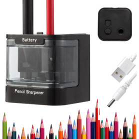 Taille Crayon Électrique Noir avec Réservoir pour Enfants - Double Alimentation USB et Piles