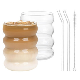 Lot de 2 Verres Ondulés de 410 ml avec Pailles en Verre - Winter Shore