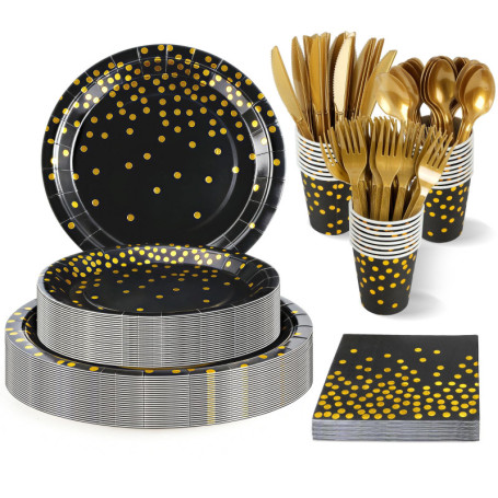 Service de Vaisselle Noir et Or pour 24 Invités - Lot de 168 Assiettes et Accessoires de Fête