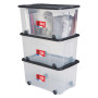 SUNDIS Ventilo, boîte de rangement avec roues, lot de 3, couvercle noir, 50l, en plastique transparent, superposables et empilab