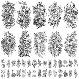 Tatouage temporaire de fleurs pour filles ou femmes 10 feuilles extra plus grandes et 30 feuilles imperméables minuscules faux t