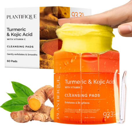 PLANTIFIQUE Disques Nettoyants au Curcuma et Acide Kojique avec Céramides, Niacinamide et Vitamine C - 60 Disques Exfoliants Vis