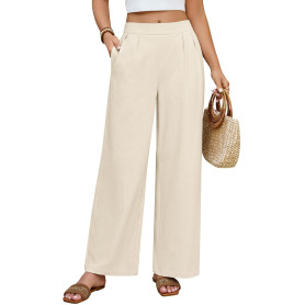 PASUDA Pantalon Fluide Femme Été Coton Chic Leger Large Taille Elastique Décontractés en Tissu Confortables Plage avec Poche
