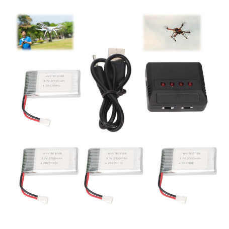 Lot de 4 Batteries Rechargeables 3.7V 2000mAh pour Drone avec Chargeur