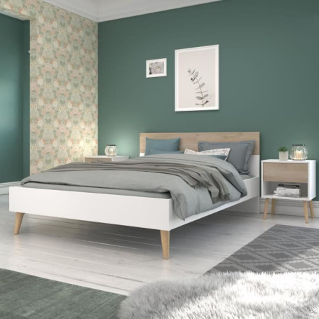 Lit Adulte AALBORG 140x190 cm - Design Scandinave en Blanc et Chêne