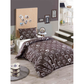 Parure de lit imprimée cœur brun - Housse de couette 140x200 cm et taie d'oreiller 60x60 cm