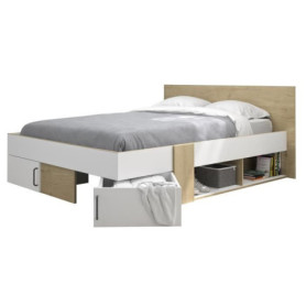 Lit adulte SWIVEL avec tiroirs de rangement en chêne et blanc - 140 x 190 cm
