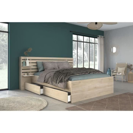 Lit Adulte ESCALE 160x200 cm en Chêne du Japon avec Tiroirs et Tête de Lit