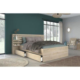 Lit adulte ESCALE 140x190 cm avec tête de lit et tiroirs en chêne du Japon