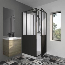 Cabine de Douche Industrielle Noir 90x90 cm avec Porte en Verre