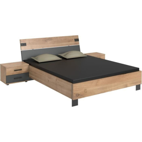 Lit LAMIA avec chevets à tiroirs - 180x200 cm - Chêne et Graphite