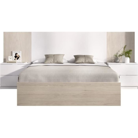 Lit adulte LOMA avec chevets intégrés - 160x200 cm - Chêne naturel et blanc