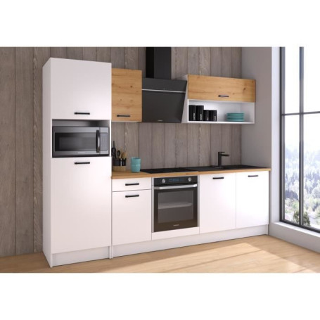 Cuisine complète PREGO en Blanc et Chêne - 263 cm avec plan de travail inclus