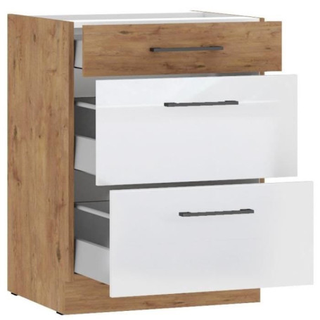 Meuble Bas Casserolier ROCK - 60 cm en Chêne Lancelot et Blanc Brillant