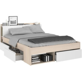 Lit adulte COMBO 140x190/200 cm avec 3 tiroirs - Acacia et blanc - PARISOT