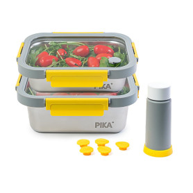 Pika | Lot de 2 boites alimentaires sous vide en inox + pompe de mise sous vide | 820ml + 1200ml | Micro-ondes, four, congélateu