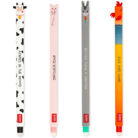 Legami - Set of 4 Farm Sweet Farm Erasable Gel Pens, Stylos à encre thermosensible effaçable, noir, rose, vert, rouge, efface sa