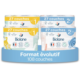 BIOLANE - Couches Bébé Taille 1 & 2 – Duo évolutif naissance (2 à 6 kg) – Peaux Sensibles - Ultra-Absorbant, Pas de Fuite, jusqu