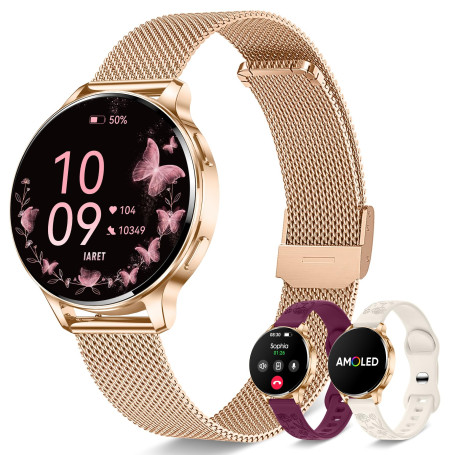 Iaret Montre Connectée Femme avec 3 Bracelets, 1,27" Écran AMOLED Always-on, Appel Bluetooth, 120+ Modes Sport, SpO2/Cardio/Somm