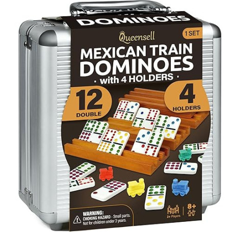 Queensell Jeu de dominos mexicains avec 4 supports, jeux de société en tuile de domino