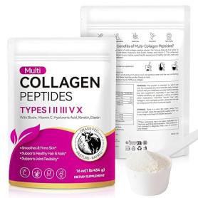 Poudre de collagène, poudre de collagène, 5 types de peptides de collagène, très efficace, 454 g, peptide de type 1 et 3, avec v