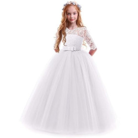 IWEMEK Enfants Fille Robe de Carnaval Princesse Longue en Dentelle avec Bowknot Demoiselle d'honneur Robe de Soirée Mariage Robe