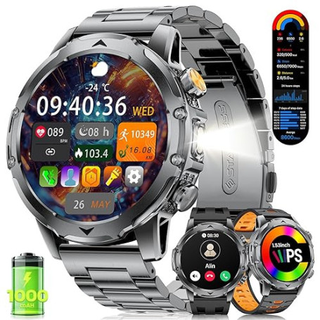 LIGE Montre Connectée Homme avec Appels Bluetooth/Batterie 1000 mAh,1,53" AMOLED Grand Écran Smartwatch Homme avec Moniteur de F