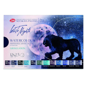 White Nights aquarelle d'artistes russes en "set de granulation", boîte en plastique blanche avec 12 couleurs granulées dans de