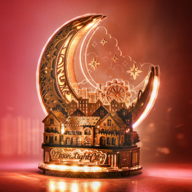 FUNPOLA Puzzle 3D Ville Lunaire avec LED – Maquette en Bois à Construire – Puzzle en Bois 3D pour Adultes, Décoration Intérieure