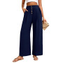 Heekpek Pantalon Large Fluide pour Femmes - Détente Léger d'Été Palazzo à Taille Haute avec Boutons - Causal à Taille Élastiquée