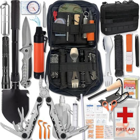 Kit de Survie Complet Francais Haute Qualité + Trousse de Secours + Paille Filtrante + Outils Multifonction + Pince Multifonctio