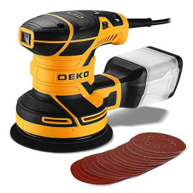 DEKOPRO 300W Ponceuse Orbitale Excentrique, 6 Vitesses, 14000RPM, Papier Abrasif 16 Pièces, Patin de Ponçage 125mm, Collecteur d