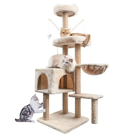 Arbre à Chat 145 cm, Tour de Jeux pour Chats, avec 7 Poteaux à Griffer, 5 Plates-Formes, 2 nids pour Chat Chaton, Beige