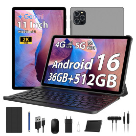 RUSHAR Tablette 11 Pouces Android 16 avec 36Go RAM+512Go ROM (2TB TF), 4G LTE & 5G WiFi, Octa-Core 2.0GHz, 8000mAh, 13MP+8MP, Wi
