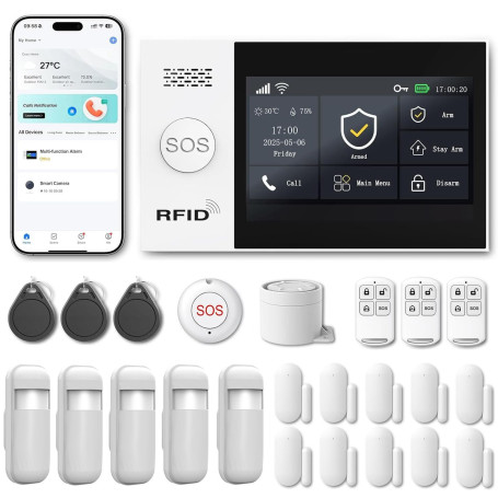RenseCum Alarme Maison sans Fil WiFi 4G sans Abonnement, Kit Alarme Maison Connectée 24 Pièces avec Écran Tactile 4,3", Sirène 1