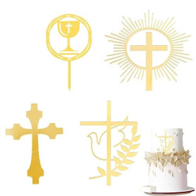 KAHZOR 4 Pièces Communion,Baptême,Gâteau avec Croix et Colombe Dorée,Décorations de Baptême,en Acrylique Forme,Deco Gateau Noel,