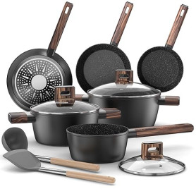 Batterie de Cuisine - Casserole et Poêle Induction de 11 Pièces Antiadhésives Tous Feux, Poêles 20/28 cm, Poêle Profonde 24 cm,