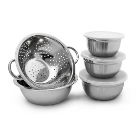 Relaxdays 10019118 Lot de 5 pièces empilables 3 bols en acier inoxydable avec couvercle 1 saladier 1 Passoire Inox mélanger cons