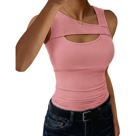 Aottori Débardeur Femme sans Manches Décolleté Haut Été Côtelé Chic et Élégant Top Extensible Slim Fit Sexy T Shirt Décontracté 