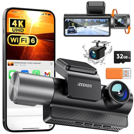 iZEEKER Dashcam Voiture 3 Canaux 4K avec Carte SD 32 Go, 4K+1080P+1080P Avant, Arrière et Intérieur, WDR, Vision Nocturne IR, Wi