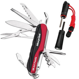 Morpilot Couteau Suisse et Flintstone Set, 15 en 1 Couteau Polyvalent et Allume-feu 5 en 1 avec Sifflet, Tournevis, Ciseaux, Sci