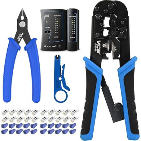 VCELINK Kit de Sertissage, Pince à Sertir RJ45 avec 20 Connecteurs Cat7 Pass Through, Testeur RJ45, Pince Coupante
